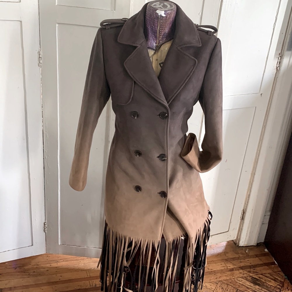 Suede authentic fringe two tone pea coat